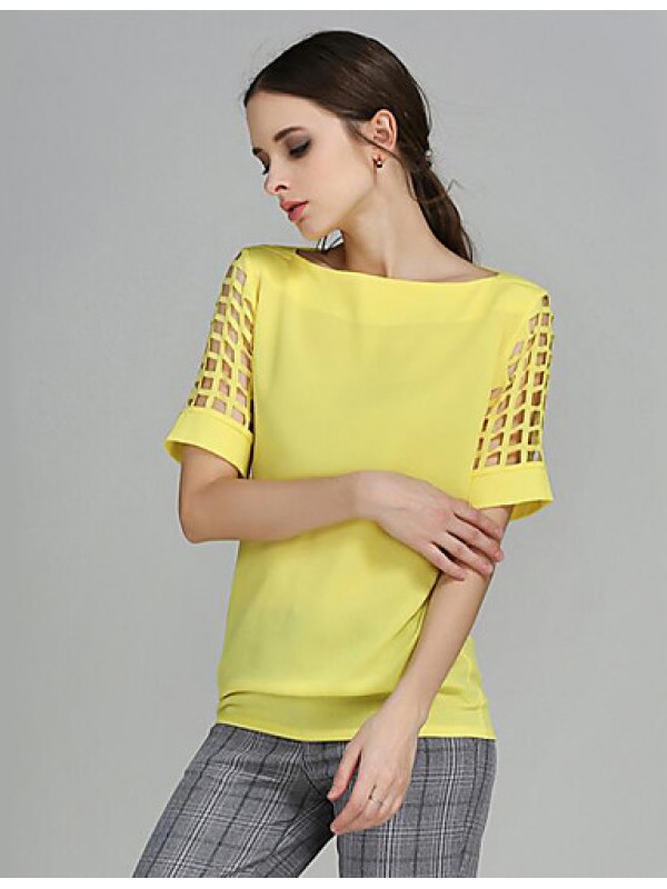 Women's Solid Yellow Blouse,Boat Neck Short Sleeve