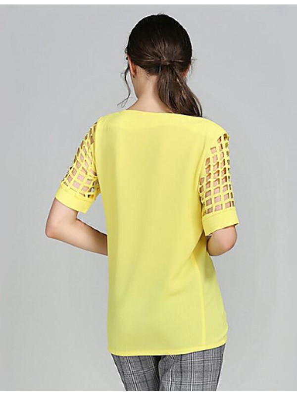 Women's Solid Yellow Blouse,Boat Neck Short Sleeve